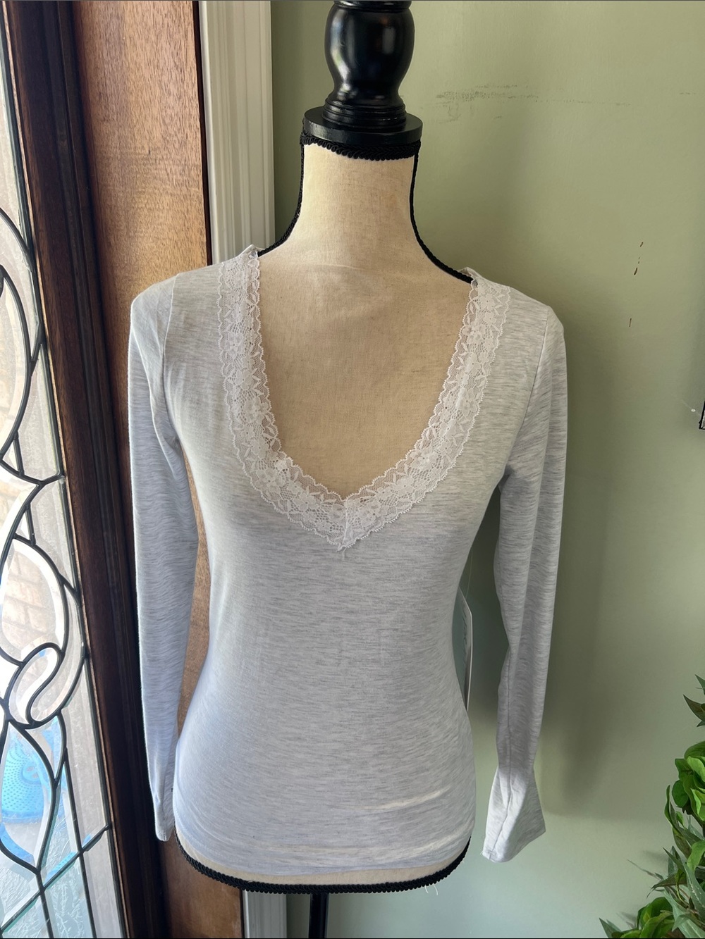 J for Justify Light Gray Lace-Trim Long Sleeve Tee